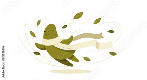 Autumnal Joy: Animated Character Dancing With Flowing Scarf Amidst Falling Leaves