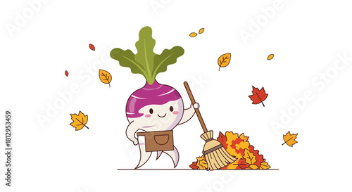 Autumnal Turnip Character Sweeping Fallen Leaves With A Cheerful And Delightful Vibe