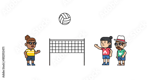 Animated Figures Stand Near Volleyball Net against Black Backdrop for Sporty Design