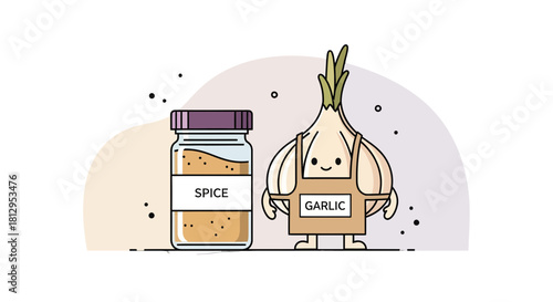 Animated Garlic Character and Spice Jar Illustration On Black Background Perfect Design