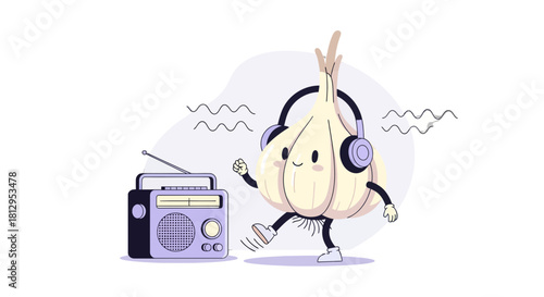 Animated Garlic Character Dancing to Music, Enjoying the Radio Waves of Joyful Tunes