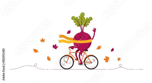 Beet Riding Bicycle Outdoors Amidst Falling Leaves Isolated Against a Black Backdrop