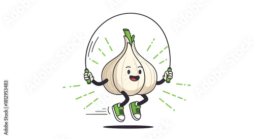 Animated Garlic Character Displaying Joy While Jumping Rope In A Black Setting