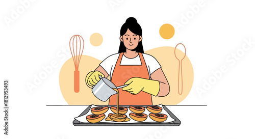 Baking Artwork Demonstrating a Chef Drizzling Syrup Over Baked Fruit Desserts