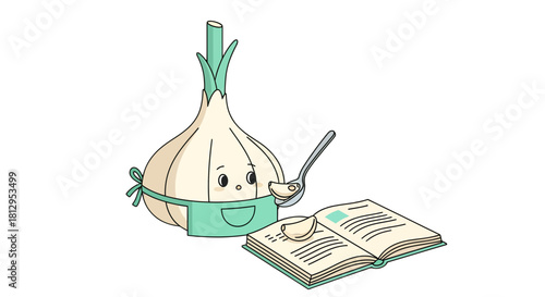 Animated Garlic Character Preparing Food, Reading Cookbook, Learning Culinary Recipes