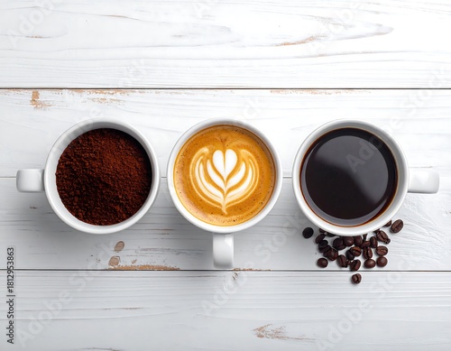 Three white cups showcase coffee grounds, latte art, and black coffee.