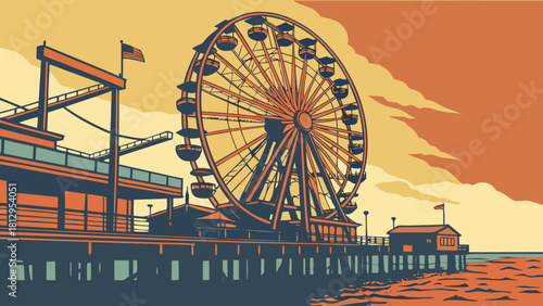 Los angeles skyline featuring santa monicas iconic pier and ferris wheel silhouette. Suitable for travel blogs, city guides, and promotional materials.