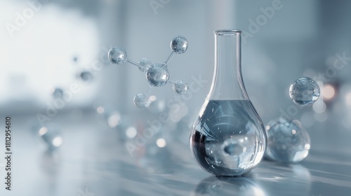 Close-up of laboratory glassware with liquid and molecule structure design