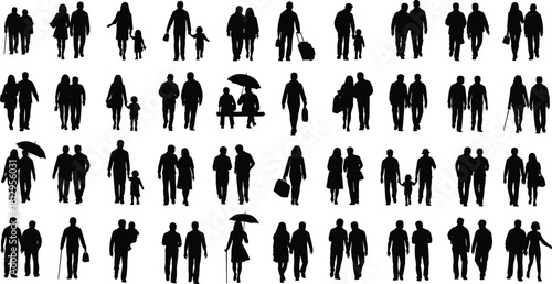 Large collection of walking and standing people silhouettes vector illustration, set of couples, families, and individuals in various poses for urban scene and crowd composition.