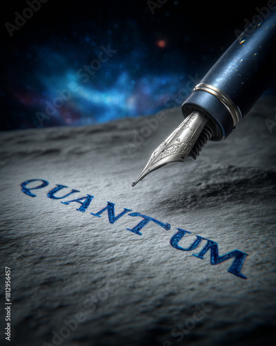 Quantum concept with a fountain pen writing on a textured surface