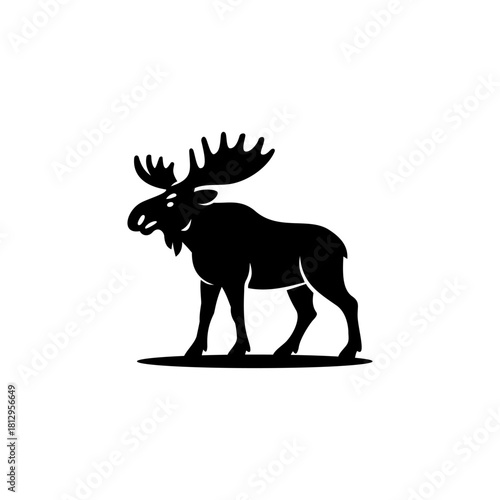 A bold moose silhouette illustration featuring large antlers and a strong stance