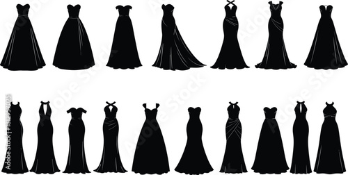 Set of beautiful wedding and evening dress silhouettes vector collection, featuring various elegant women's formal gowns in different styles for fashion design and apparel concepts.