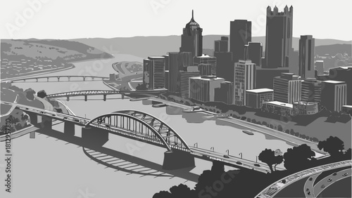Pittsburgh skyline vector featuring city skyline, bridges, and rivers. Ideal for travel guides, city promotions, postcards, websites, and posters.