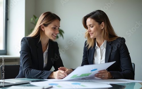 Two female business professionals in suits sit at desk, engaged in strategic discussion. They analyze financial planning, risk management, corporate growth while reviewing reports and market trends.