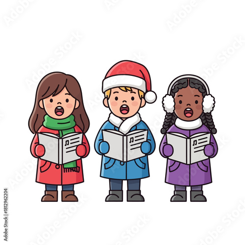 Three cartoon children singing Christmas carols wearing winter coats and hats, holding sheet music