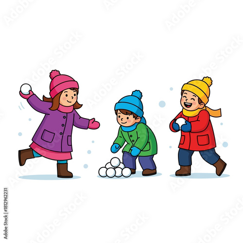 Three cheerful children bundled in warm winter clothing enjoy a playful snowball fight, laughing and having fun outdoors during a snowy day, depicting the joy of childhood winter activities