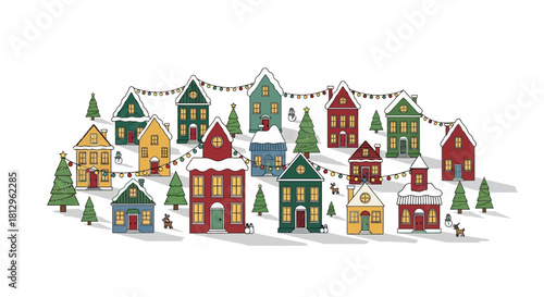 A charming hand-drawn illustration of a festive winter village decorated for the Christmas holiday season