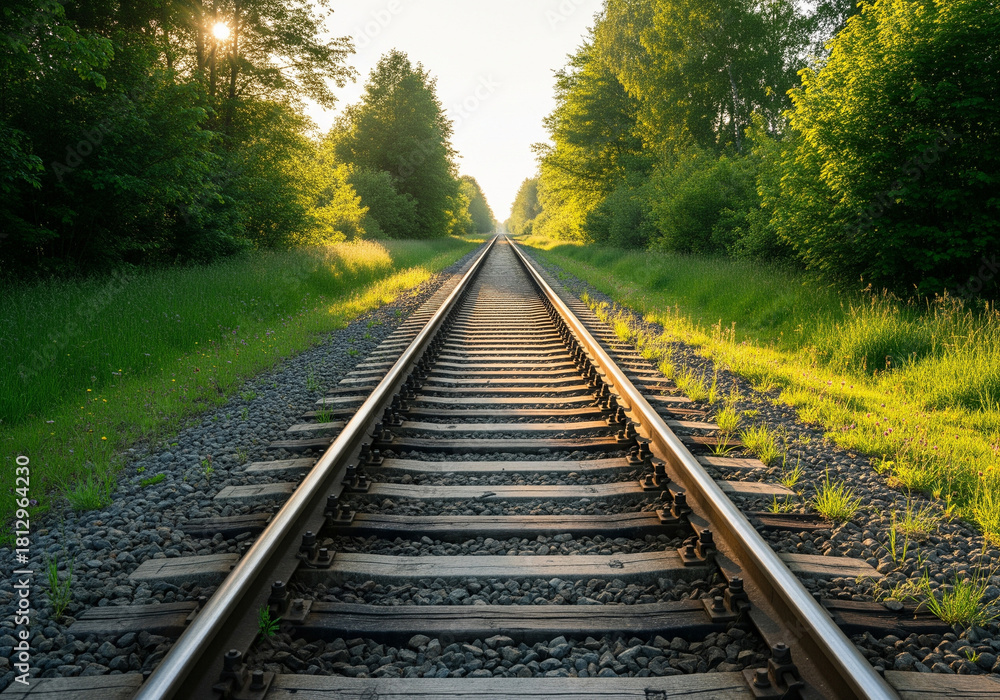 Fototapeta premium Endless railway line stretching into the horizon, cutting through a vibrant green forest illuminated by a warm, golden sun, symbolizing journey and future