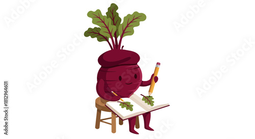 Beetroot Character Skillfully Drawing Nature Illustration On A Small Stool