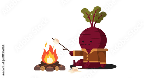 Beetroot Character Roasting Marshmallow Over Campfire Enjoying Outdoor Relaxation