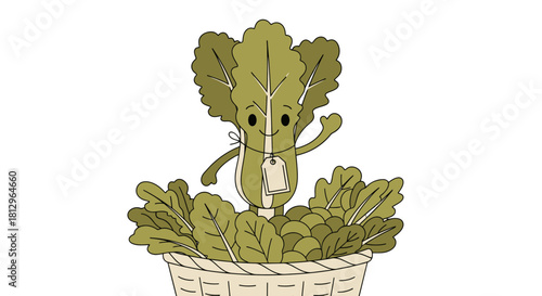 Cartoon Illustration Of Happy Bok Choy In A Basket With A Greeting Gesture