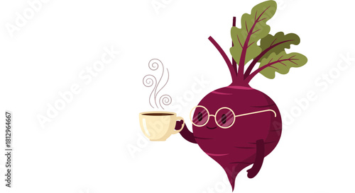 Beetroot Character Wearing Glasses Enjoying Coffee Against Complete Black Background