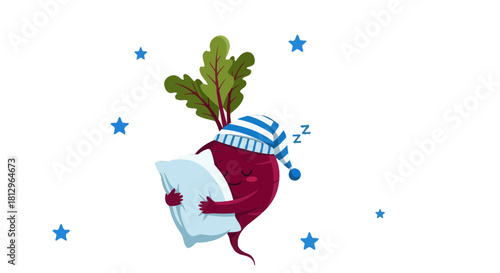 Beetroot Dreaming: A Whimsical Illustration of A Sleepy Embrace Against The Night Sky