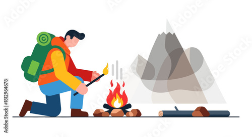 Cartoon Illustration Of A Hiker Starting A Campfire in Front Of Mountains