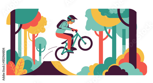Bicyclist Jumps Ramp In Vibrant Forest Illustration With Colorful Geometric Artwork