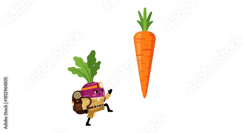 Cartoon Miner Vegetable Facing Large Carrot Isolated on a Black Backdrop