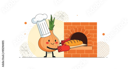 Cartoon Onion Chef Baking Fresh Bread in a Cozy Brick Oven Ready to Serve