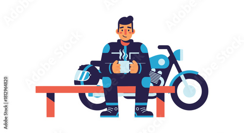 Biker Resting With Coffee Enjoying Peaceful Moment Beside Motorcycle On Black Background