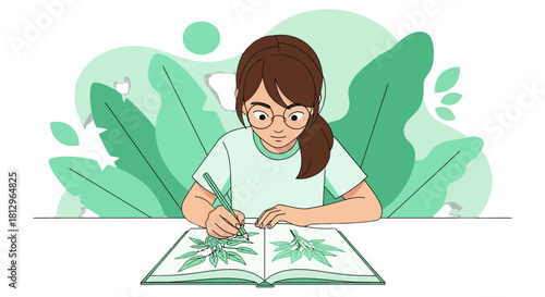 Botanical Illustration: A Young Scientist Sketches Plants in Her Study, Botany Artwork
