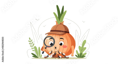 Cartoon Onion Detective Investigating Bugs And Insects On A Dark Background