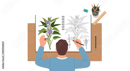 Botanical Illustration: An Artist Creating Plant Drawings With Tools on A Desk