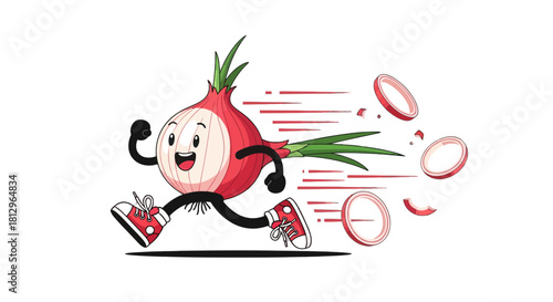 Cartoon Onion Sportively Running, Leaving Onion Rings Behind On Black Background