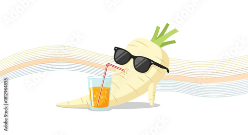 Cartoon Parsnip Relaxing On The Beach Enjoying A Refreshing Cocktail, Very Trendy