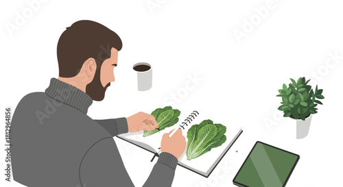 Botanist Illustrating Lettuce in a Sketchbook with a Tablet on a Black Surface