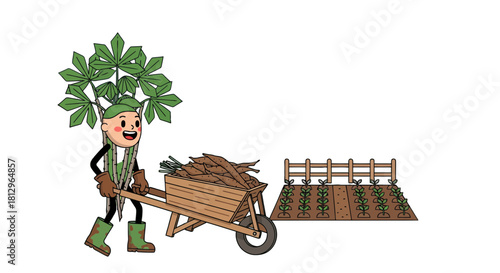 Bringing Harvest Bounty: A Cheerful Farmer Transports Crop in a Wheelbarrow across the Fields