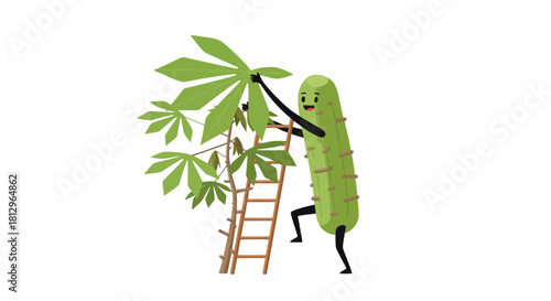Cartoon Plant Character Harvesting Leaves From Cassava Tree With Ladder