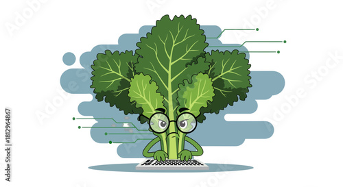 Broccoli Character Typing on Keyboard, Featuring a Technological and Whimsical Composition