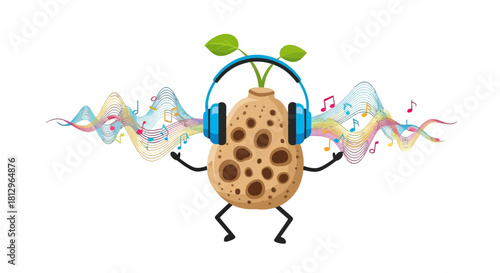 Cartoon Potato Wearing Headphones, Grooving to Colorful Soundwaves, Musical Delight