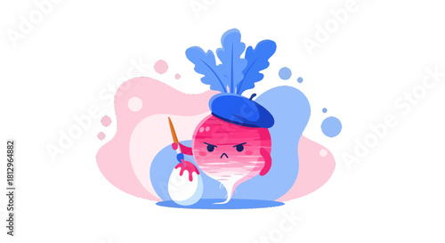 Cartoon Radish Artist Painting With Anger Expression and Modern Artistic Style