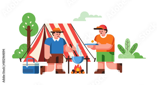 Camping Adventure: Friends Prepare Breakfast Near Tent and Enjoy Outdoor Cooking Together