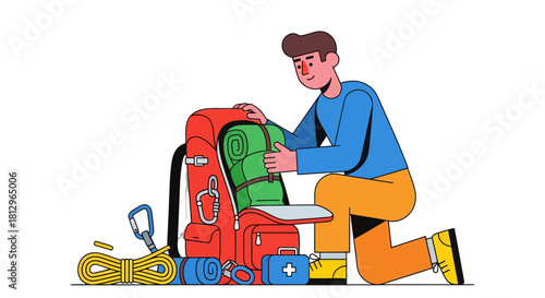Cartoon Traveler Carefully Arranging Gear for Adventure in the Wilderness Setting Off