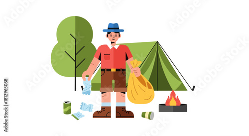 Caring Camper Gathering Waste While Camping In Nature For A Community