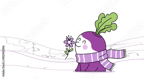 Cartoon Turnip Enjoys A Fragrant Flower, Embracing Spring's Serene Essence