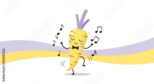 Cartoon Vegetable Character Dancing with Musical Notes in a Whimsical and Artistic Setting