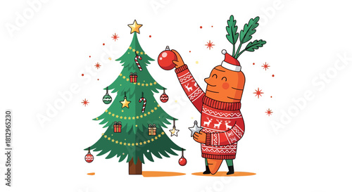 Cartoon Carrot Adorns Festive Christmas Tree in a Delightful Holiday Illustration