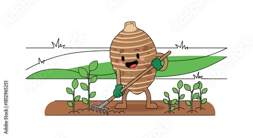 Cartoon Vegetable Character Gardening with Rake and Plants in a Cheerful Aesthetic